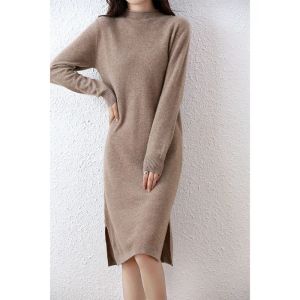 Vestido alfaiate ovelha 100% vestido de suéter de malha de lã merino para mulheres inverno/outono oneck vestidos fêmeas de estilo jumper de estilo longo