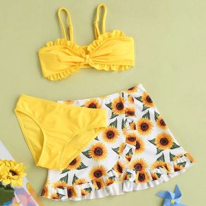 Mayo kızlar ayçiçeği baskısı sevimli mayo bikini 3 adet set mayo bebek kıyafetleri kızlar mayo kızları fırfırlı trim mayo plajı