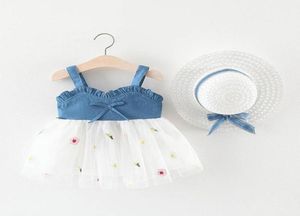 Girl039s Kleider Menoea Baby Mädchen 2022 Sommer Kinder Denim Hosenträger Mesh Nähte Prinzessin Strand Tutu Kleid Mit SonnenhutGirl8170559