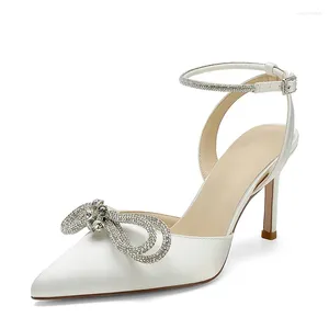 Dress Shoes Satin Beaded High Heel Wedding For Bride With Bow Ankle Strap Prom Evening Heels Closed Toe Women Heeled Sandals