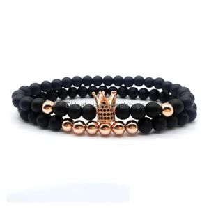 Bärade 6mm Crown King Charm Strands pärlor armband uppsättning för män kvinnor svart natursten elastisk justerbar armband par smycken gif dhvsp