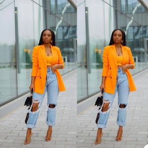 Blazer Chic Orange Reverskragen Damen Blazer Maßgeschneiderte klassische Vintage-Taschen-Streetwear-Jacke Bürodame Täglicher Freizeitmantel