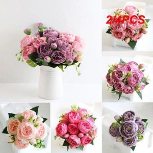 Kwiaty dekoracyjne 2/4pcs 30 cm Rose Silk Peony Artificial Bouquet 5 Big Head i 4 pąki fałszywe na domowe dekoracje ślubne