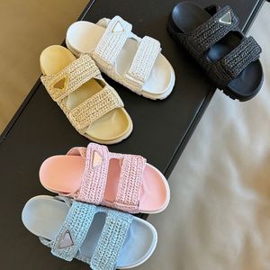 Designer halmsandaler sommarkvinna rem virkning glid sandaler plattform kilar halm platt toffel sommaren platt komfort mule strand sandal två remmar 35-41