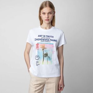 23 verão novo nicho francês zv coqueiro paisagem tinta branca impressão digital quente diamante algodão feminino manga curta camiseta