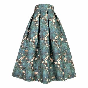 Skirt 2023 Autunno Nuovo vestiti in stile coreano Ladies Sociale elegante estetico verde plum blossom stampata in vita alta maxi gonna a pieghe lunghe