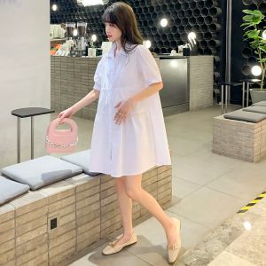 Kleider Koreanischen Stil Sommer Mutterschaft Baumwolle Kleid Kurzarm Turndown Kragen Kordelzug Taille Schwangere Frau Minikleid Blau Weiß