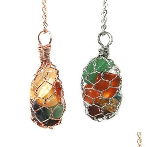 Pendant Necklaces Jln Wire Wrapped Net Irregar Stone Pendant Seven Chakra Gemstone Metal Pendants With Anti Tarnished Chain Necklace G Dhltm