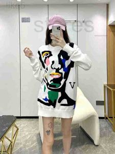 Two Piece Dress Designer Abstract Jacquard Fashion Casual Pullover Round Neck Sweater Women's Loose and Slimming Versatile Mid length Knitted Top 9XSC 2XL