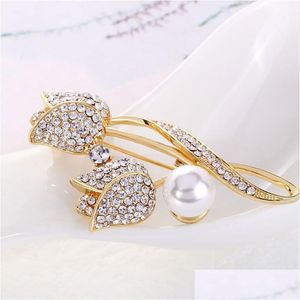 Pins, Brooches Crystal Gold Tip Brooch Pin Business Suit Tops Cor Pearl Rhinestone Flower Brooches For Women Men Fashion Jewelry Drop Dh8Ma