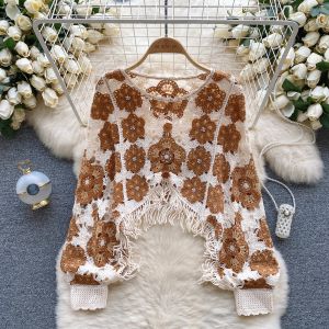 Cardigans Chic Long Batwing Sleeve Vintage Hollow Crochet Tassel Capes Blouse Fashion Tops Sexy Elegant Autumn Women Pullover