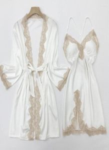 Women039s Sleepwear White Bride Bridesmaid Wedding Robe Set Sexig full slip spets nattklänning sommarsilk satin kimono badklänning ho2299358