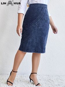 Lih hua saia jeans feminina plus size, saia chique elegante para mulheres gordinhas, saia de algodão de malha de outono 240307