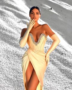 Sparky Crystaly aftonklänningar 2024 för kvinna sjöjungfru Sexig ärmlös sida delad strandfest mode prom klänningar handskar