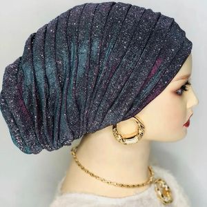 Glitter corpo inteiro plissado turbante boné para mulheres senhora cabeça envolve muçulmano lenço chapéu turbante mujer africano headpiece 240227