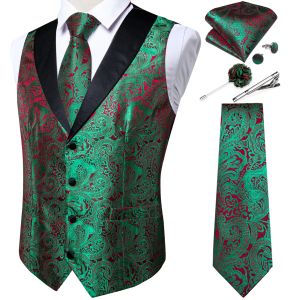 Westen Einzigartiges Design Grün Rot Paisley Weste für Herren Business Mode Slim Fit Kleid Herren Weste Krawatte Brosche Clip Manschettenknöpfe Set