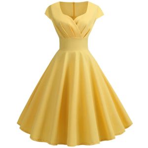 Klänning gula sväng sommarklänningar kvinnor kort ärm hepburn 50 -tal 60 -tal vintage rockabilly wrap klänning elegant kvällsfest vestidos