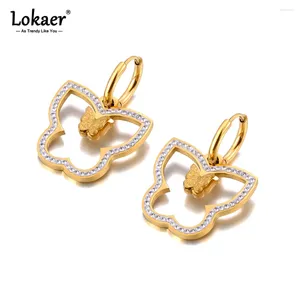 フープイヤリングlokaer double rhinestone butterfly for women stainless Steel 18k pvdメッキかわいいアレテドムージャーE23241