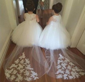 2020 Ucuz Çiçek Kız Elbiseleri Düğünler İçin Dantel İllüzyon Beyaz Mücevher Boyun Çıkarılabilir Tren Partisi Doğum Günü Çocuk Kız Pag4609255