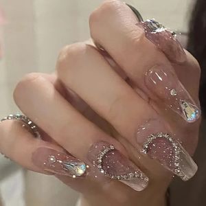 24Pcs Glossy Medium Long Ballerina Press On Nails Pink Glitter Style False With Rhinestone Shiny Gradient Fake 240305