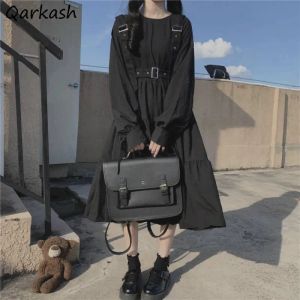 Kleid Langarm Kleid Frauen Solide Rüschen Japanischen Stil Gothic Chic Lolita Allmatch Einfache Oneck Elegante Harajuku Midcalf