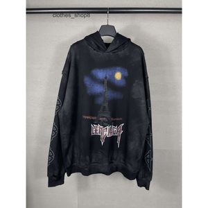 Tasarımcı Hoodie Balenciga Moda Hoodies Hoody Mens Sweaters Yüksek Kalite Paris 2024 Yeni Eiffel Kulesi Graffiti El boyalı gradyan yıkama Eski aşınmış kapüşonlu