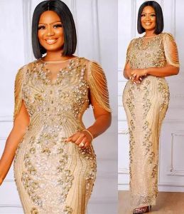 Size Plus Arabic Aso Ebi Gold Luxurious Sequined Prom Beaded Crystals Sheer Neck Evening Formal Party Second Reception Gowns Dresses