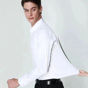 Plus Size S~8XL Bamboo Fiber Shirt Men Long Sleeve Slim Stretch Anti-Wrinkle Business Office Formal White Shirts 240307