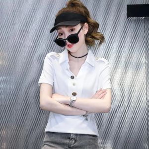 Gömlekler Giysileri Kısa Kollu Tee Polo Boyun Gömlek Düz Kadın Tişörtleri Düğmesi Top Golf Y2K Moda Gençlik Kore tarzı Yeni Lüks V Sevimli