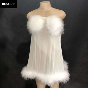 Sukienki ZD432 Kobiety Sexy White Fluff Net Yarn Przezroczysta spódnica bez rękawów klub nocny impreza scena noszenie piosenkarki tancerz Bling Costume