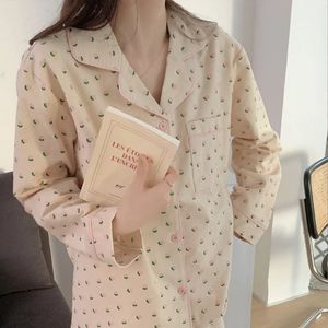 Bomulls sömnkläder koreanska pyjamas kvinnor Autumn Cute Heart Print Pyjamas långärmad Pijama Kvinnlig set Summigee Cardigan Suit 240307