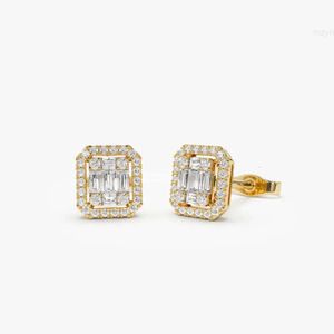 Baguette and Round Diamond Earrings with Halo Setting in 14k Solid Gold Studs Dainty Minimal Geometric Stud Pure