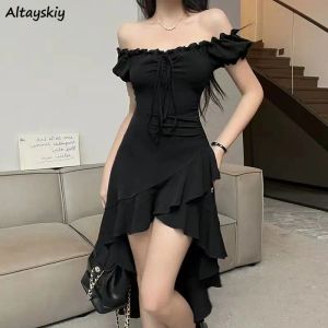 Dress Black Slash Neck Dresses for Women Gothic Mystic Sexy Irregular Ruffles Summer Dress Classy Lady Evening Party Vestidos De Mujer