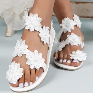 Sandalen Damen Sommer Flache Clip-Toe-Schuhe Elegant Weiß Strand Hochzeit Party Damen Wedges Tan