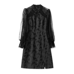 2024 Spring Black Solid Color Panelled Dress Long Sleeve Stand Collar Jacquard Knee-Length Casual Dresses W4M053304