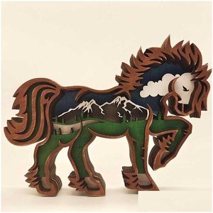 Altro Decorazioni per la casa 3D Taglio laser Cavallo Artigianato Materiale in legno Decorazioni per la casa Regalo Artigianato d'arte Foresta selvaggia Decorazione della tavola di animali Statue Ornamen Dhhgo