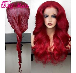 Bouncy ondulado vermelho laço frontal perucas pré arrancadas parte profunda borgonha vermelho peruca sintética sem cola para preto feminino pode ser trançado3410961
