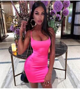 Stretch Mini Satin Sexiga remmar Slim Fit Bodycon Party Women Drs Neon Pink Summer Dreses Dual-Layered Bodysuit Size Drs Lyq4188693411