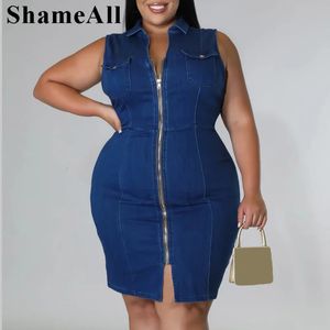 Plus size turn down colarinho super elástico jean bodycon vestido 4xl verão zíper frontal pinafore vestido sem mangas clube jumper saia 240229