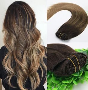 8A 7 Stück 120 Gramm 14 Zoll 18 Zoll 20 Zoll 24 Zoll Clip-in-Echthaarverlängerungen Ombre Dunkelbraun bis Hellbraun Balayage Highlights Haar3893072