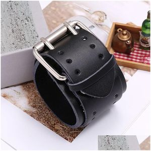 Bangle Double Pin Buckle Belt Motorcykel Wrap Leather Bangle Cuff Wide Justerbar armband Wristand för män Kvinnor Fashion Jewelry Dro DHK2Y