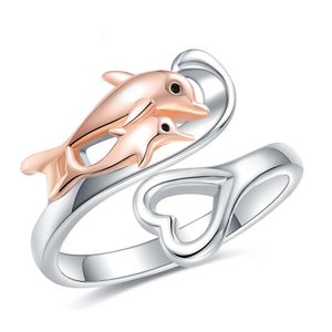 925 Sterling Silver Heart Wave Cute Animal Mother Daughter Dolphin Ring Sea Ocean Gifts Mothers Day Jewets Gifts For Women Mom 240306