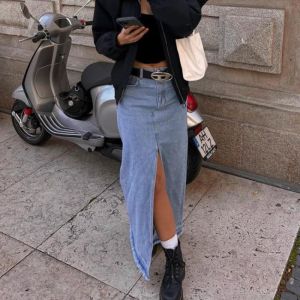 Spódnice Deeptown Long Denim Spódnica Kobiety Vintage Elegancka wysoka talia Aline Slim Slit Blue Dżinsy Maxi Spódnica 2023 Nowa koreańska streetwear