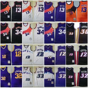 Rzutnowanie Vintage Basketball Jersey John Stockton 12 Karl Malone 32 Steve Nash 13 Charles Barkley 34 Carlos Arroyo Mens Retro Sport Shirt Mundur Purple Black