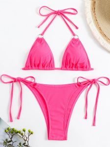 Set Sexy Solide Hot Pink Schwarz Bikini 2023 Weibliche Gerippte Ring Verbunden Push-Up Micro Bademode Badeanzug Krawatte Seite dreieck Badeanzug