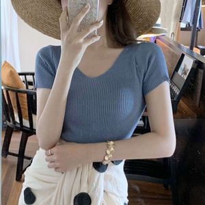 2024 New designer shirt women Thread Count Double Mercerized Cotton Slim y2k blouse Fit Simple Round Neck Vneck shirt womens designer clothing Slim Short Sleeve M1E2