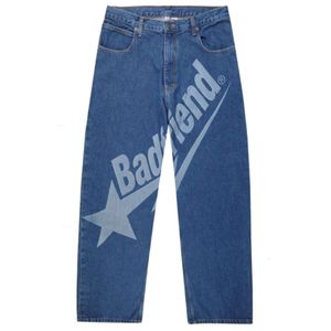 Streetwear Y2k Herren Hip Hop Badfriend Brief Grafik Druck Vintage Blau Baggy Jeans Denim Hosen Neue Haruku Breite Hosen