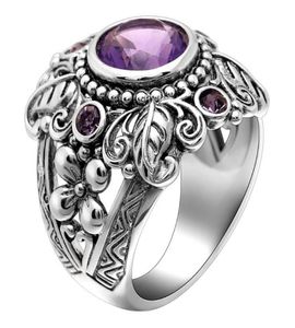 Anéis de casamento xjue 2021 redondo pedra roxa para mulheres flor antiga cor prata natural moda vintage estilo punk jóias8165845