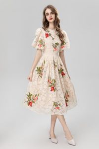 2024 Summer Lace Embroidery Floral Print Women's Dress Crew Neck Zipper Short-Sleeve Woman's Casual Long Dresses AS070