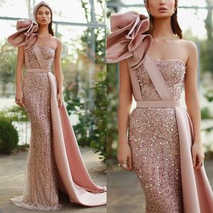 Stunning Pink Sequined Prom Dresses Flowers One Shoulder Mermaid Evening Gowns Formal Prom Party Dressesta